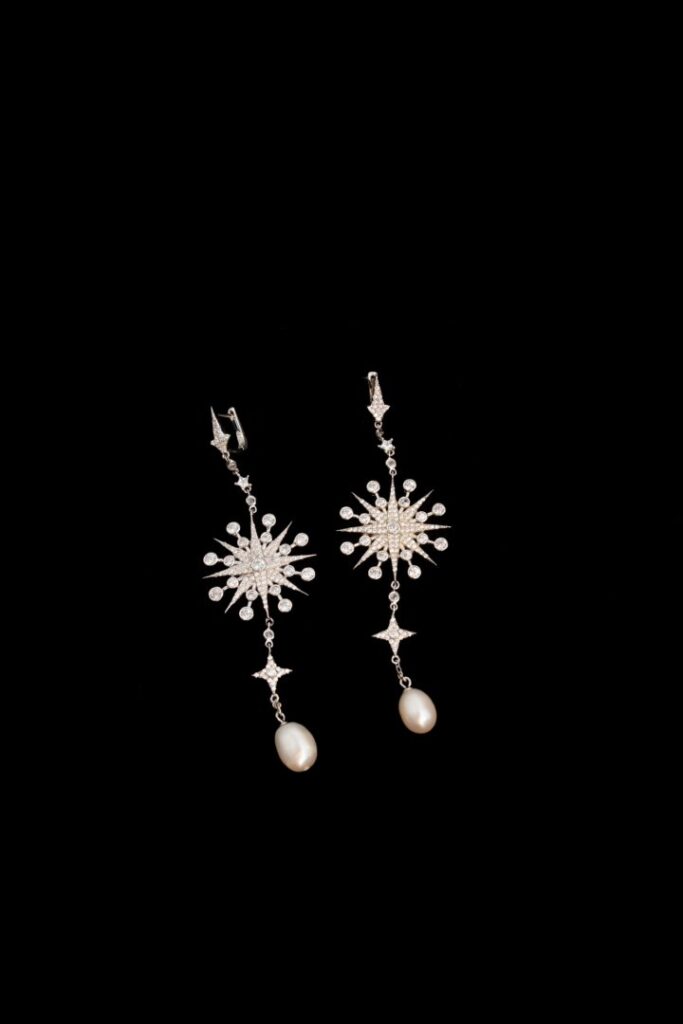 starry pearls sterling silver earrings with crystal white zirconia