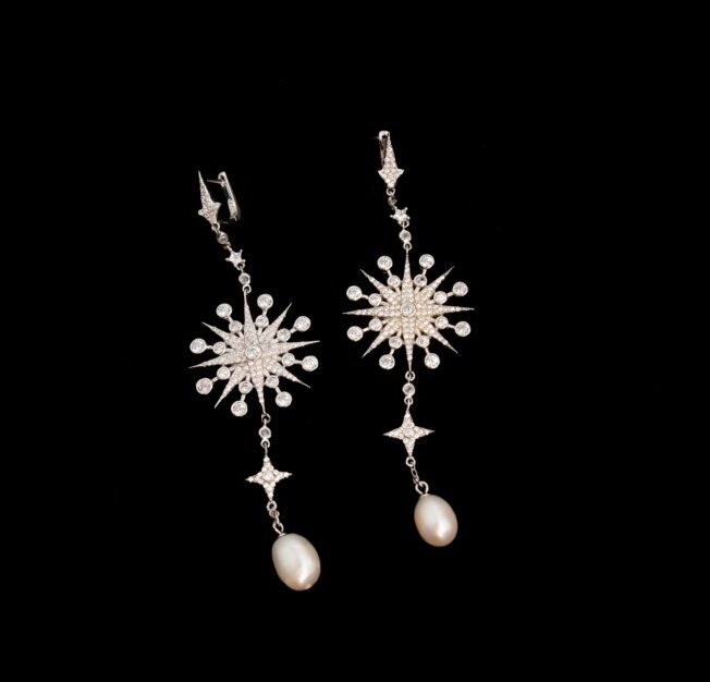 starry pearls sterling silver earrings with crystal white zirconia